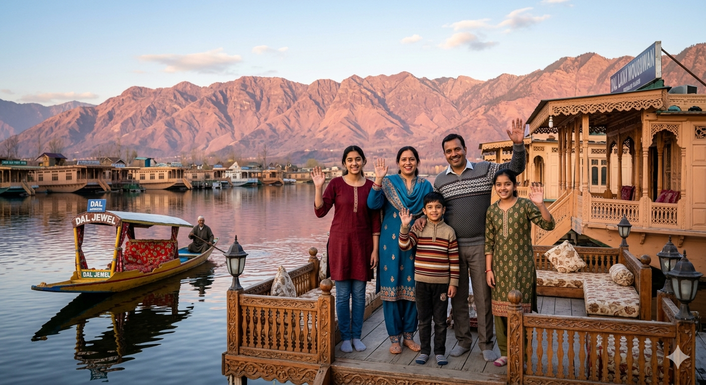 Kashmir Tour Package from Srinagar 2026 | 5 Nights | ₹12,600 | Book Now 8 Kashmir tour package from Srinagar price 2026 - family on houseboat deck at Dal Lake golden hour