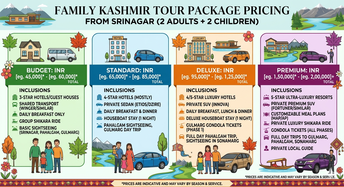 Kashmir Tour Package from Srinagar 2026 | 5 Nights | ₹12,600 | Book Now 12 Kashmir tour package from Srinagar price 2026 - family pricing for 2 adults + 2 children