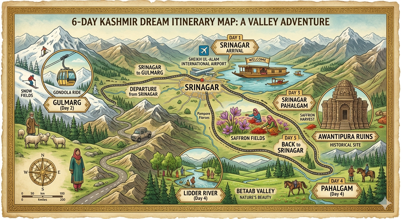 Kashmir travel packages 2026 - 6-day itinerary map