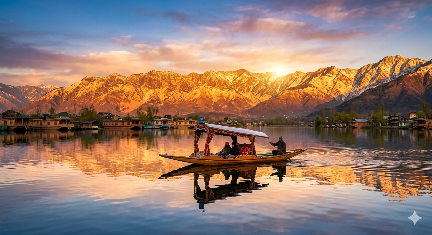 Kashmir travel packages 2026 - sunrise on Dal Lake with shikara and Zabarwan mountains