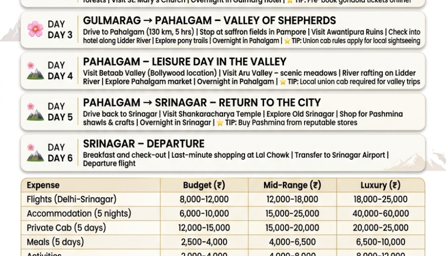 Kashmir travel packages quick guide - 6 days, starts 22000 rupees per person, key attractions Dal Lake Gulmarg Pahalgam, includes houseboat shikara private cab, best time April-October 2026
