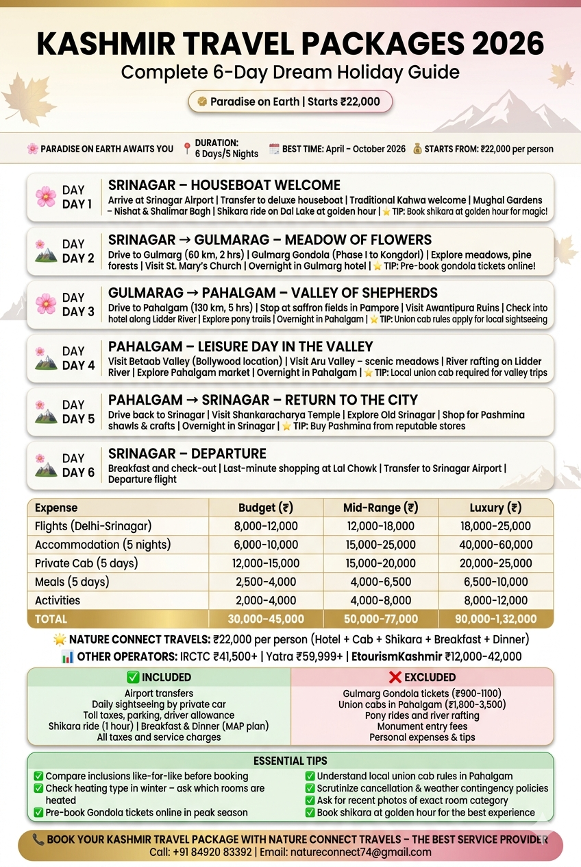 Kashmir travel packages quick guide - 6 days, starts 22000 rupees per person, key attractions Dal Lake Gulmarg Pahalgam, includes houseboat shikara private cab, best time April-October 2026