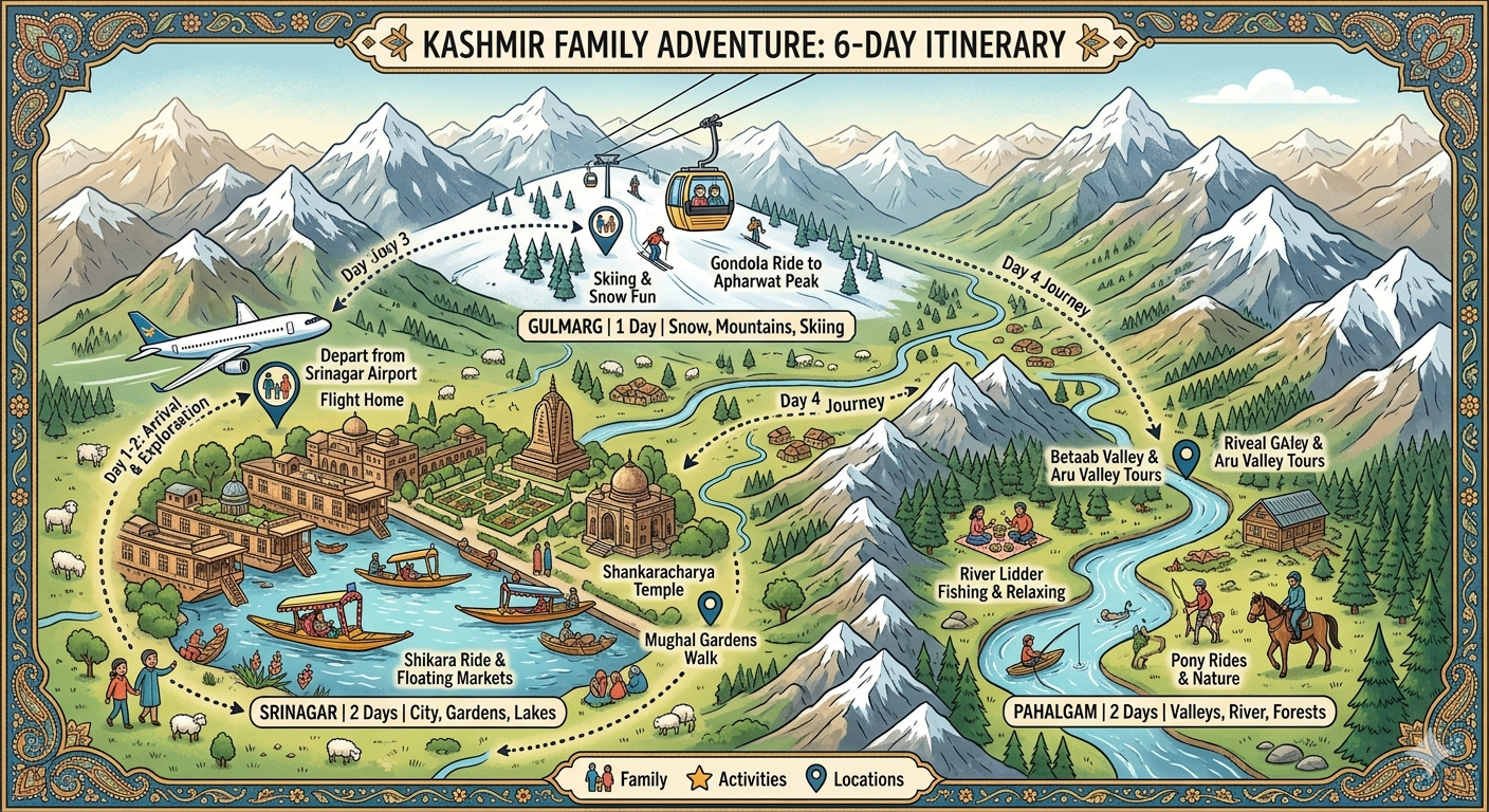 Kashmir Trip Cost for Family of 4 2026 | ₹45,000-75,000 13 Kashmir trip cost for family of 4 2026 - 6 day family itinerary map Srinagar Gulmarg Pahalgam