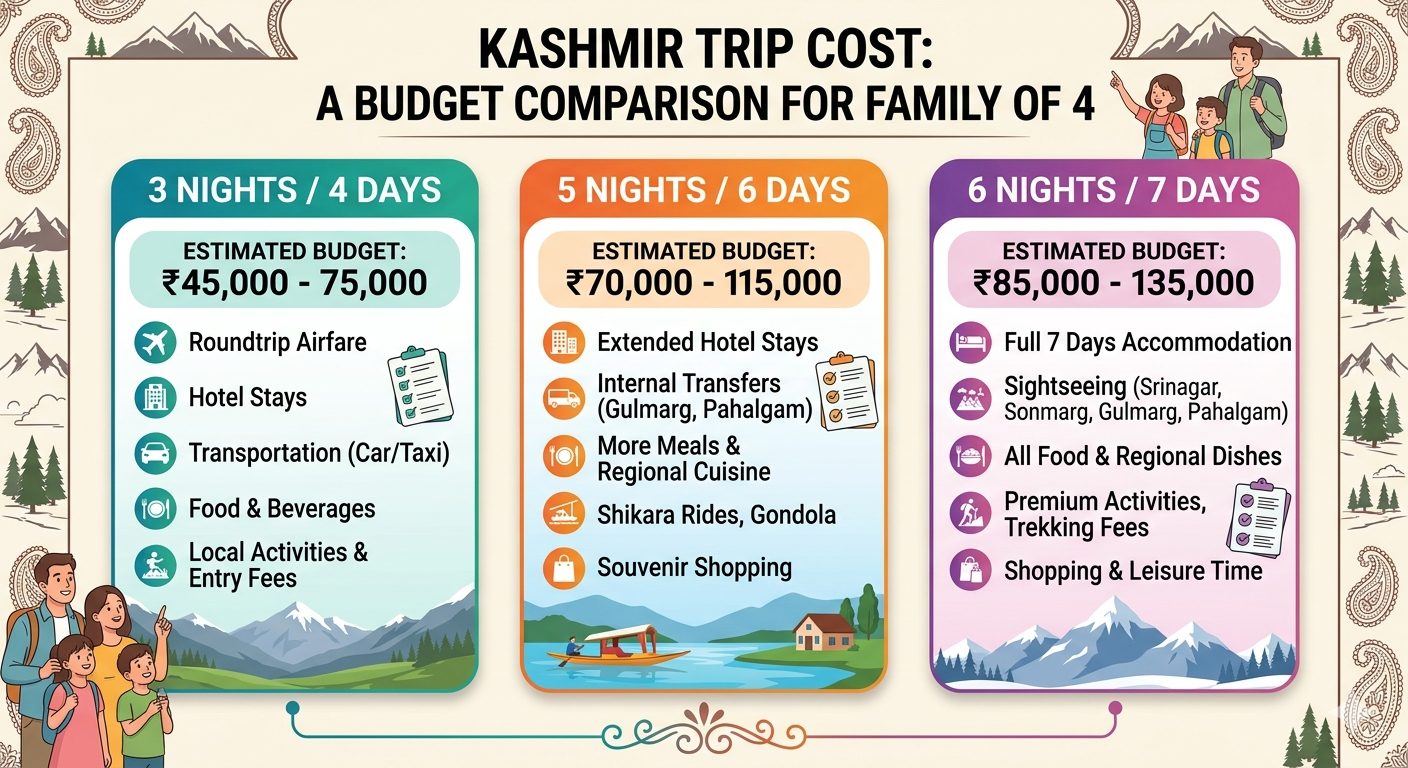 Kashmir Trip Cost for Family of 4 2026 | ₹45,000-75,000 10 Kashmir trip cost for family of 4 2026 - budget comparison for 3N4D 5N6D and 6N7D trips