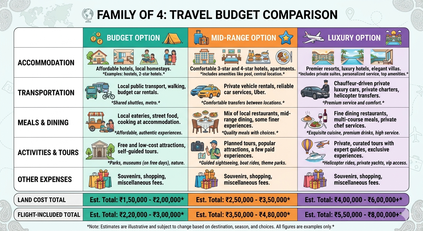 Kashmir Trip Cost for Family of 4 2026 | ₹45,000-75,000 14 Kashmir trip cost for family of 4 2026 - budget comparison table budget vs mid-range vs luxury