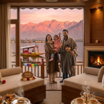 Kashmir trip cost for family of 4 2026 - happy Indian family on houseboat deck at Dal Lake golden hour with Zabarwan mountains