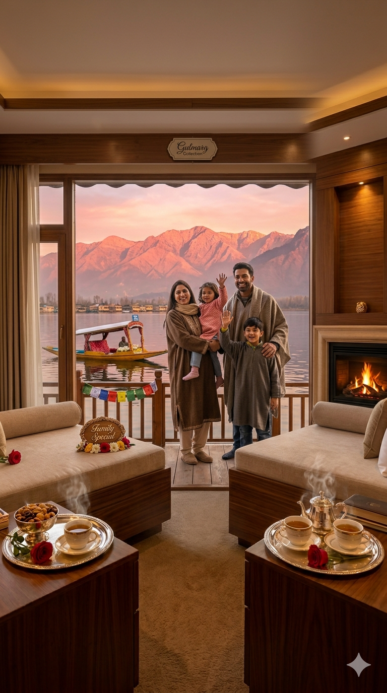 Kashmir trip cost for family of 4 2026 - happy Indian family on houseboat deck at Dal Lake golden hour with Zabarwan mountains