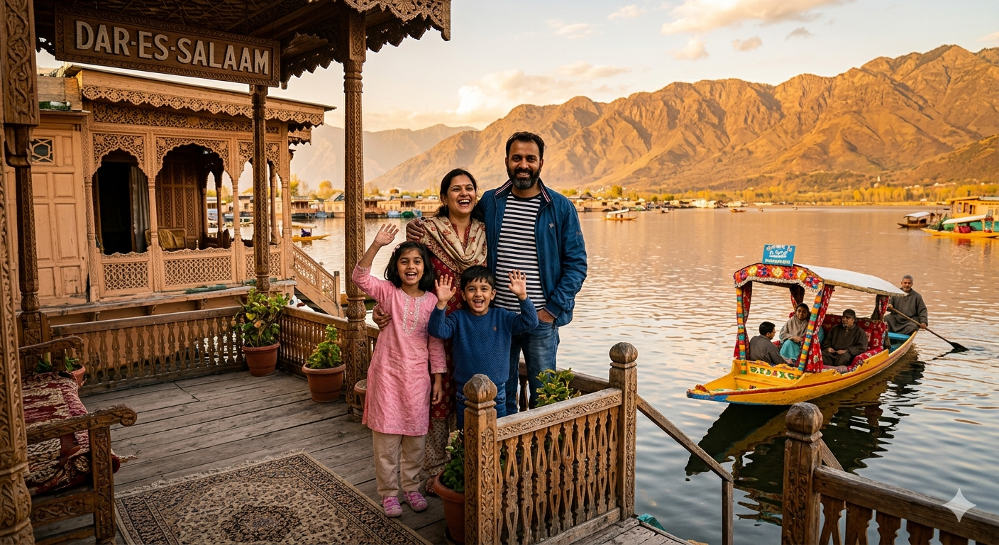 Kashmir Trip Cost for Family of 4 2026 | ₹45,000-75,000 9 Kashmir trip cost for family of 4 2026 - happy family on houseboat deck at Dal Lake golden hour