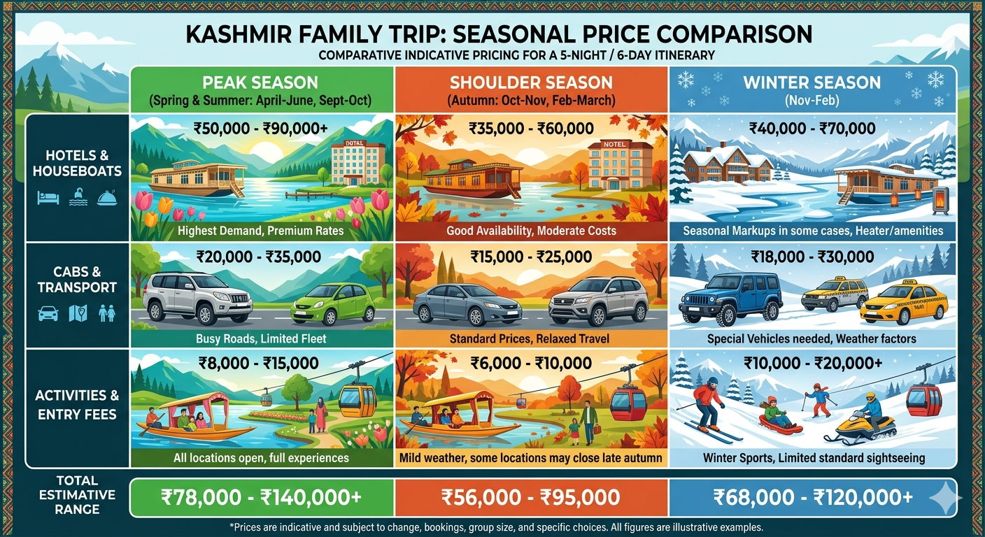 Kashmir Trip Cost for Family of 4 2026 | ₹45,000-75,000 11 Kashmir trip cost for family of 4 2026 - seasonal price variation chart