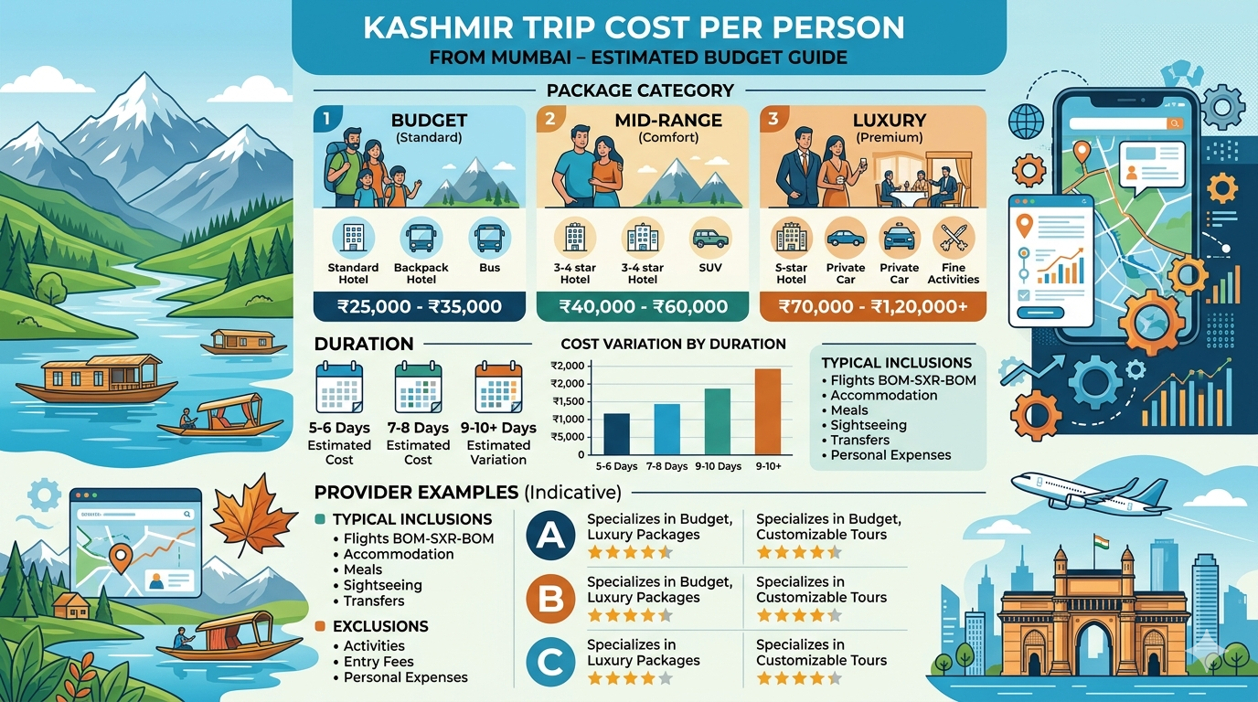 Kashmir trip cost per person from Mumbai 2026 - complete package price infographic