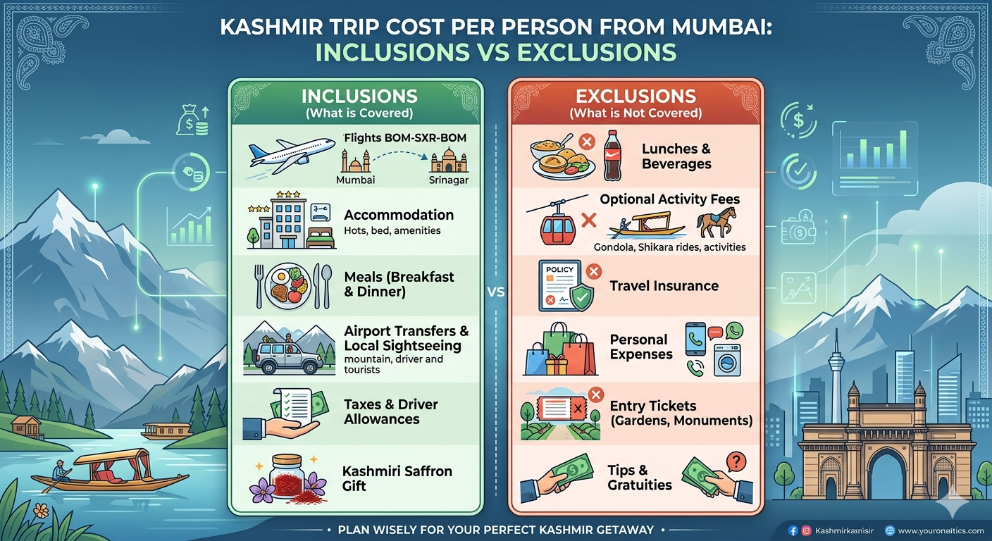 Kashmir trip cost per person from Mumbai 2026 - inclusions and exclusions infographic