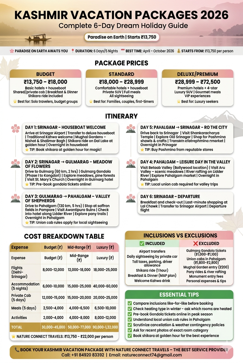 Kashmir vacation packages 2026 infographic - 6-day itinerary Srinagar Gulmarg Pahalgam, cost breakdown 13750-132000 rupees per person, inclusions houseboat shikara private cab meals, exclusions gondola tickets union cabs