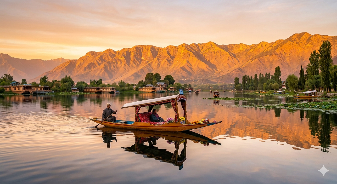 Kashmir Vacation Packages 2026 | 6 Days | ₹13,750 | Book Now 7 Kashmir vacation packages 2026 - sunrise on Dal Lake with shikara and Zabarwan mountains