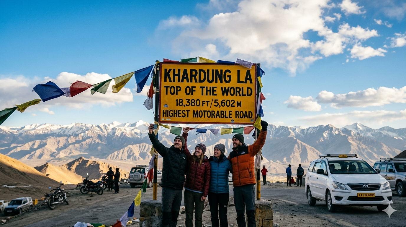 Khardung La pass highest motorable road 2026 - iconic signboard at 18380 feet with happy travelers and prayer flags