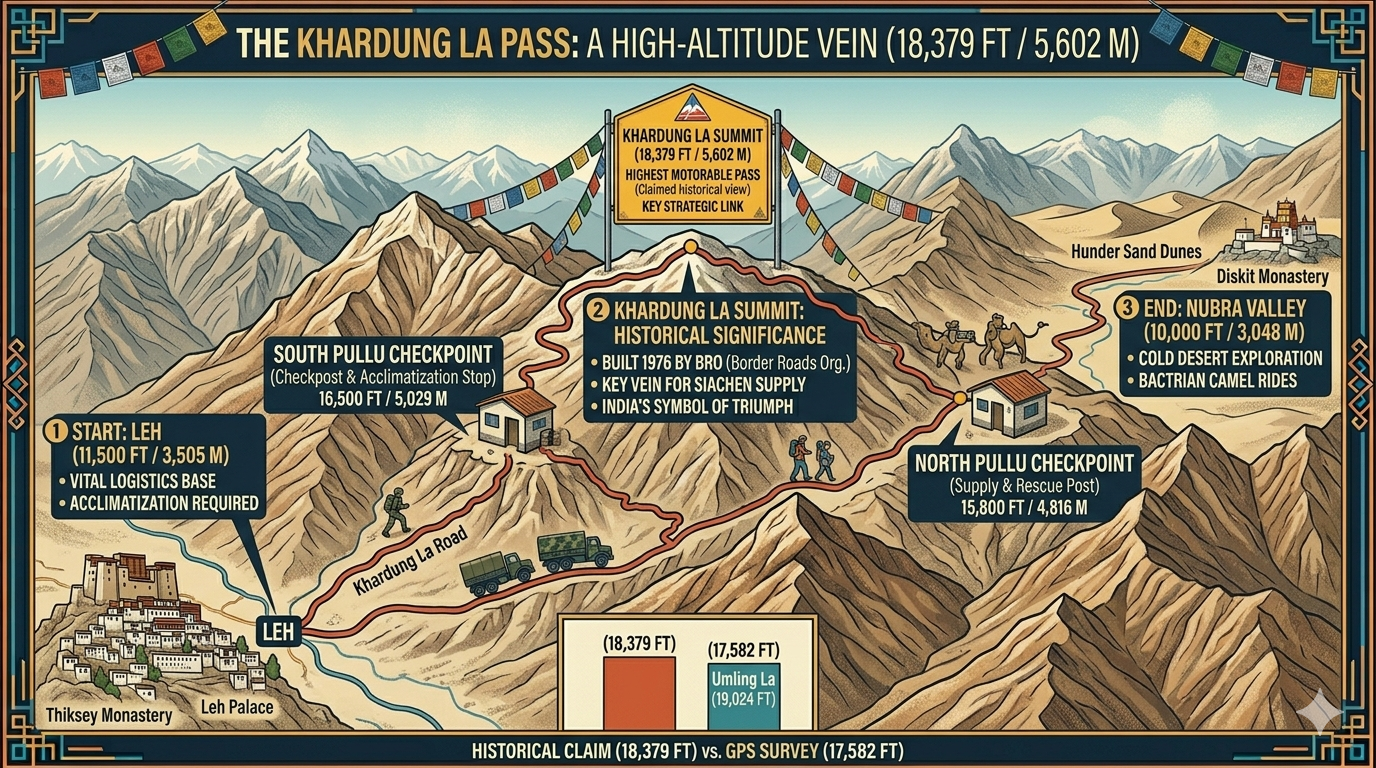 Khardung La Pass Highest Motorable Road 2026 | 18,379 ft | Complete Guide 8 Khardung La pass highest motorable road 2026 - route map from Leh to Nubra Valley