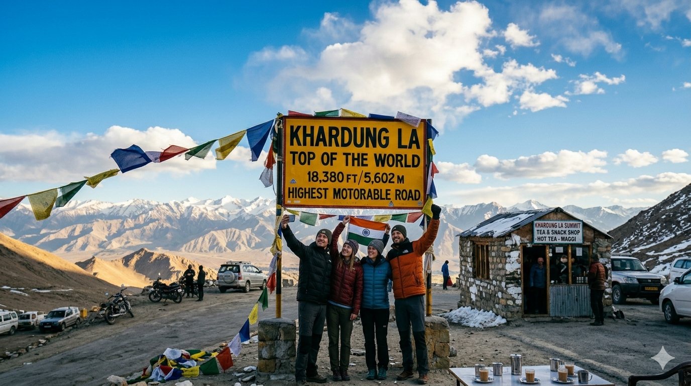 Khardung La Pass Highest Motorable Road 2026 | 18,379 ft | Complete Guide 12 Khardung La pass highest motorable road 2026 - summit experience signboard prayer flags and views