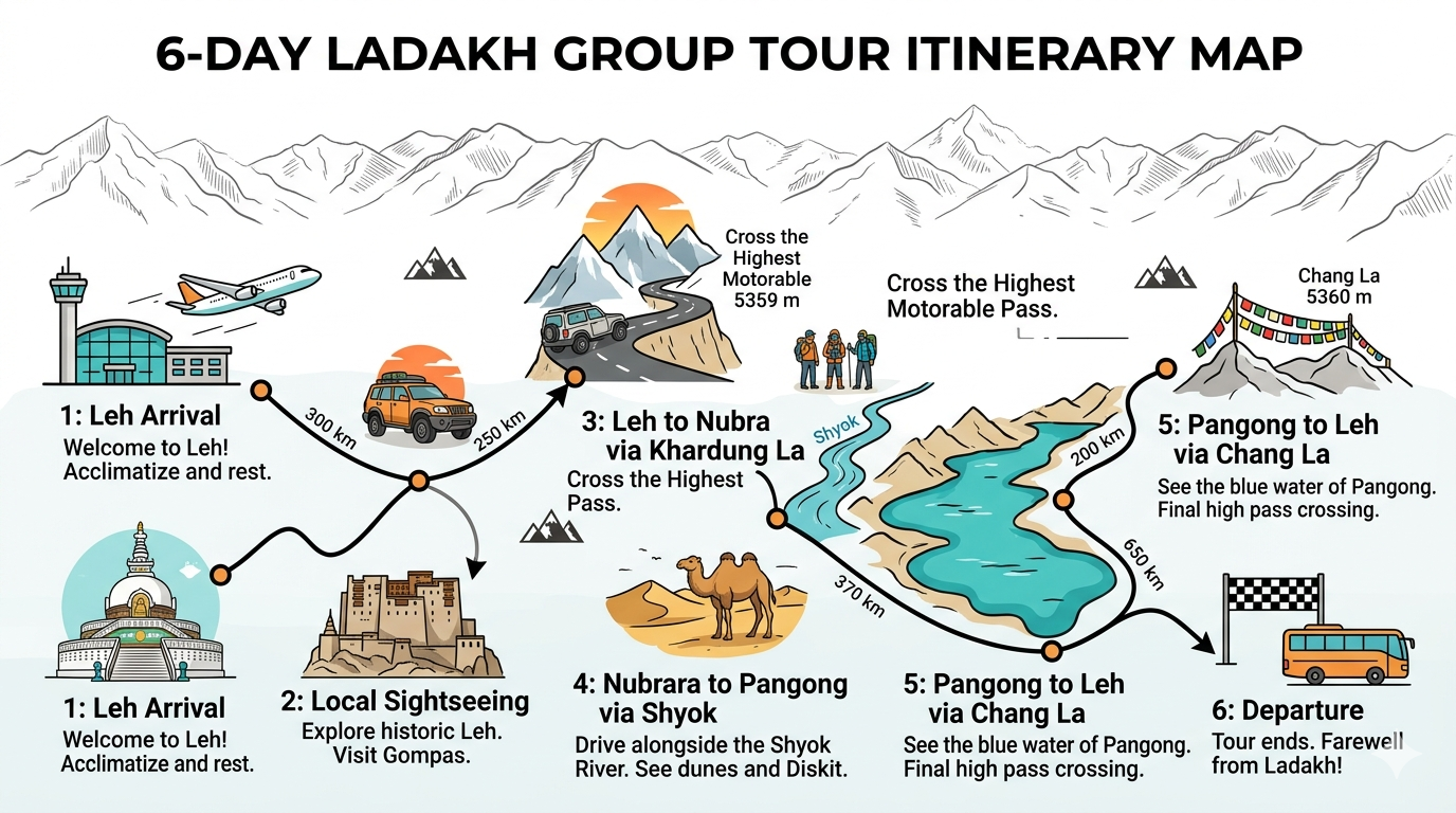 Ladakh Group Tour 5 Nights 6 Days Price 2026 | ₹17,000-₹35,000 17 Ladakh group tour 5 nights 6 days itinerary 2026 - complete route map
