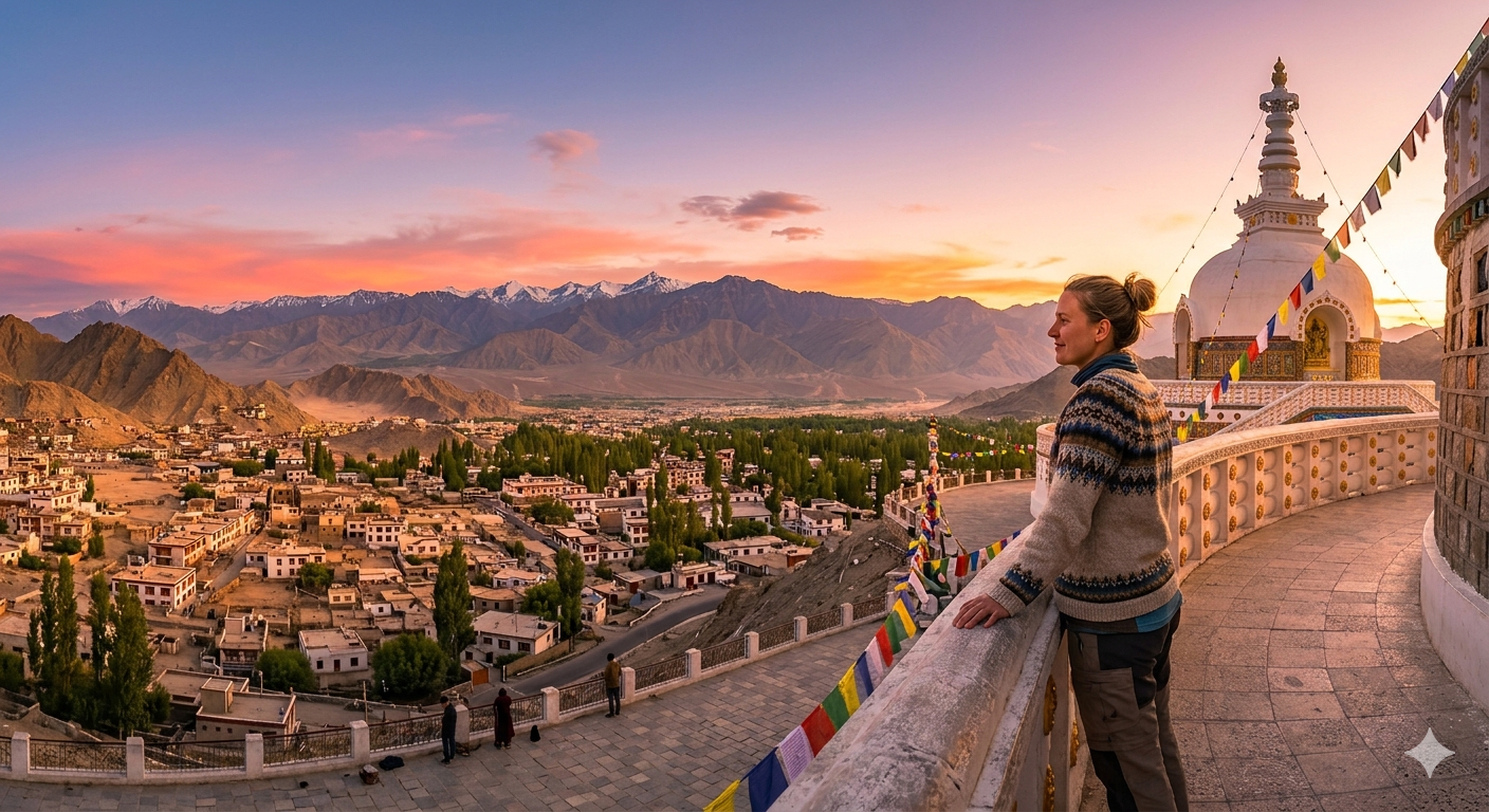 Ladakh Group Tour 5 Nights 6 Days Price 2026 | ₹17,000-₹35,000 14 Ladakh group tour 5 nights 6 days itinerary - Shanti Stupa sunset view over Leh town