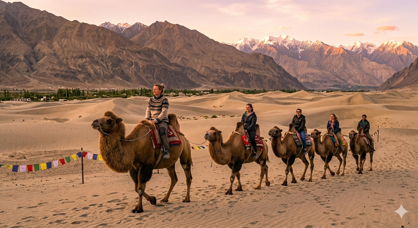 Ladakh Group Tour 5 Nights 6 Days Price 2026 | ₹17,000-₹35,000 15 Ladakh group tour 5 nights 6 days itinerary - group camel safari at Hunder Sand Dunes