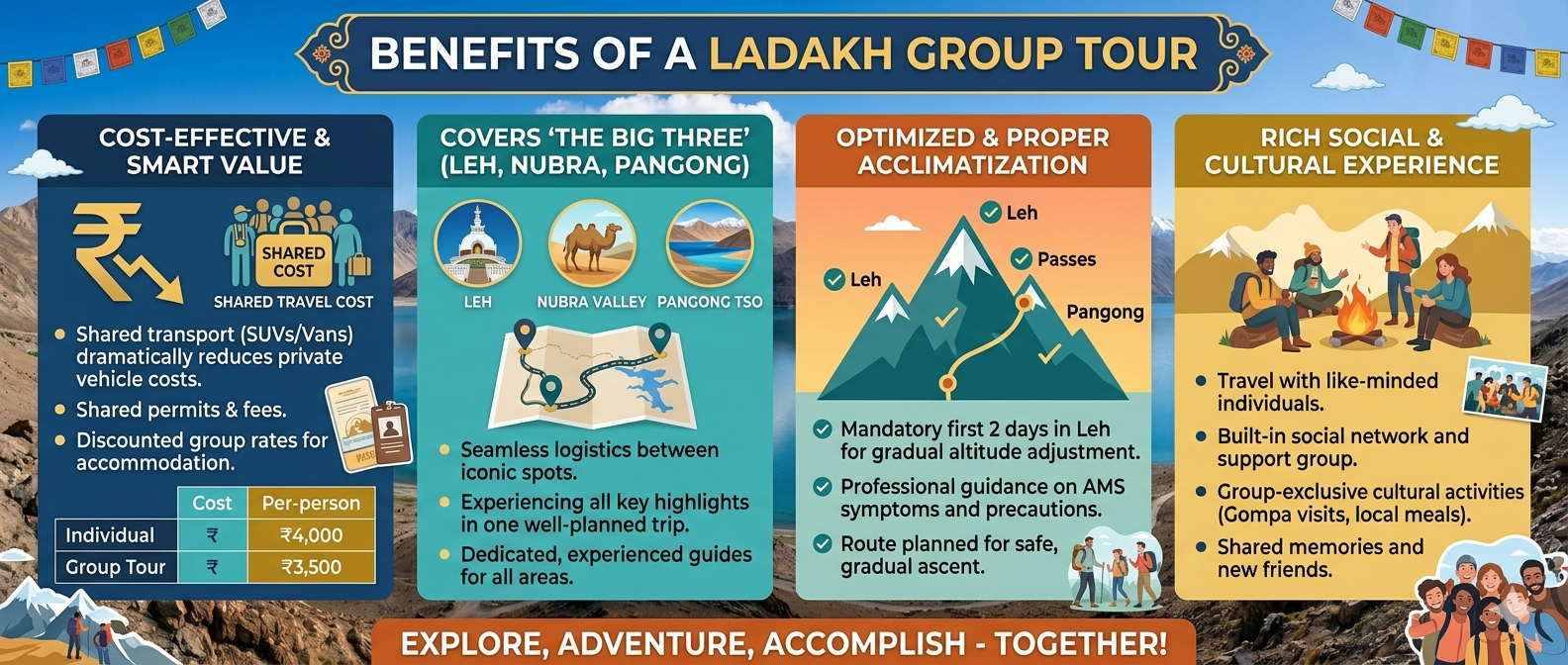 Ladakh Group Tour 5 Nights 6 Days Price 2026 | ₹17,000-₹35,000 13 Ladakh group tour 5 nights 6 days price 2026 - cost breakdown infographic