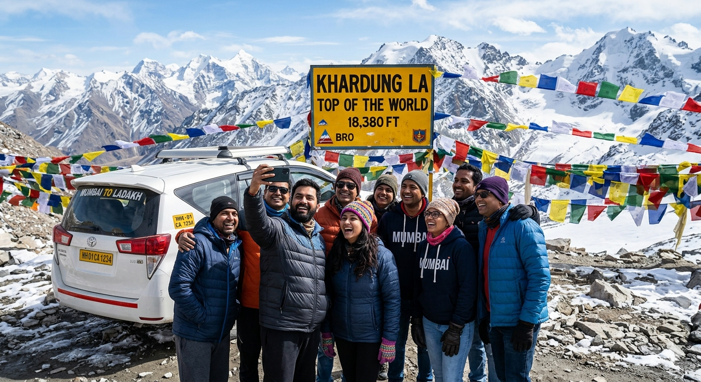 Ladakh Group Tour from Mumbai 2026 | 6 Days | ₹30,499 | Book Now 8 Ladakh group tour from Mumbai 2026 - happy group at Khardung La pass with tempo traveller