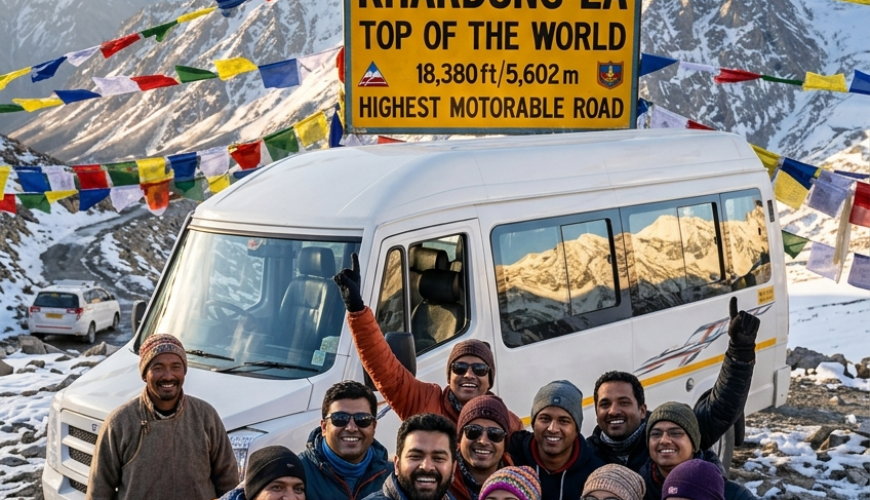 Ladakh group tour from Mumbai 2026 - happy group of travelers from Mumbai at Khardung La pass 18380 feet with tempo traveller
