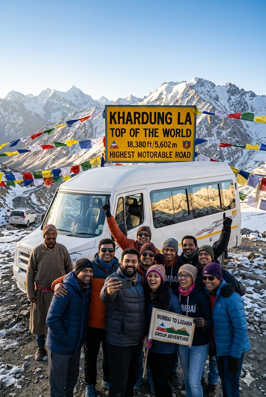 Ladakh group tour from Mumbai 2026 - happy group of travelers from Mumbai at Khardung La pass 18380 feet with tempo traveller