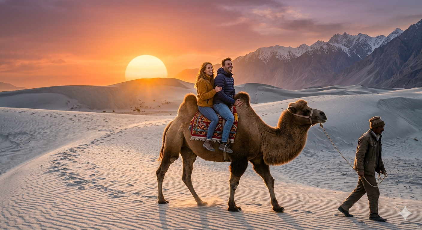 Ladakh honeymoon package 2026 - couple enjoying double-humped camel safari in Nubra Valley sand dunes