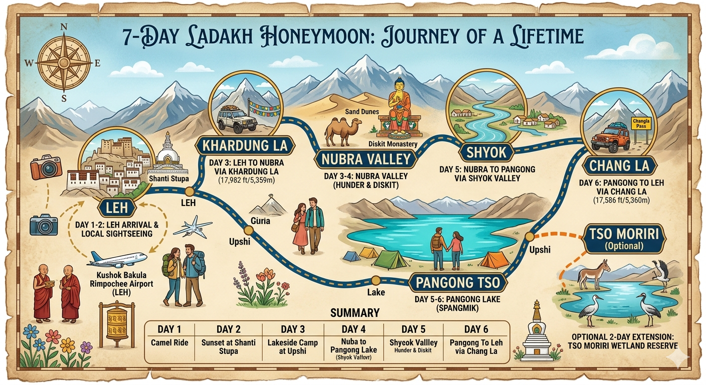 Ladakh honeymoon package for couple 2026 - 7-day itinerary map showing Leh, Nubra, Pangong