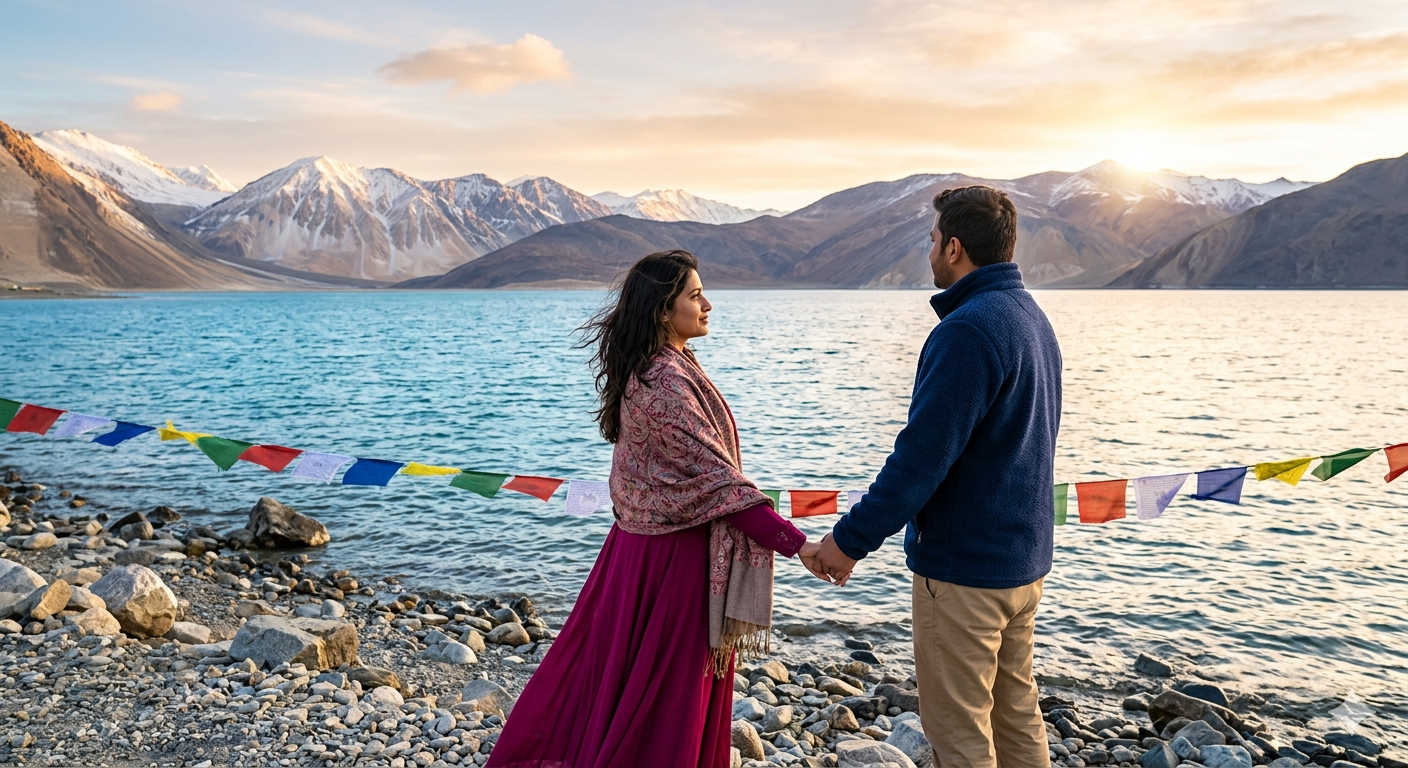  Ladakh honeymoon package for couple 2026 - couple at Pangong Lake sunrise