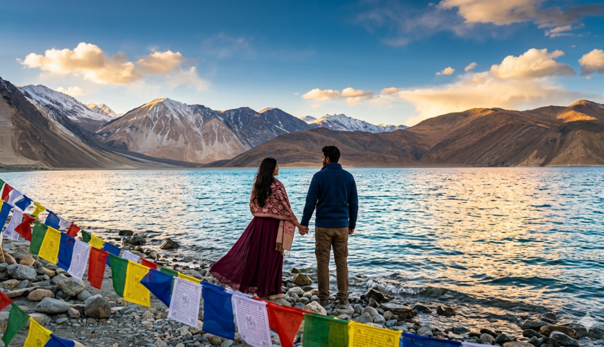 Ladakh honeymoon package for couple 2026 - romantic couple at Pangong Lake sunset with turquoise waters and snow-capped mountains