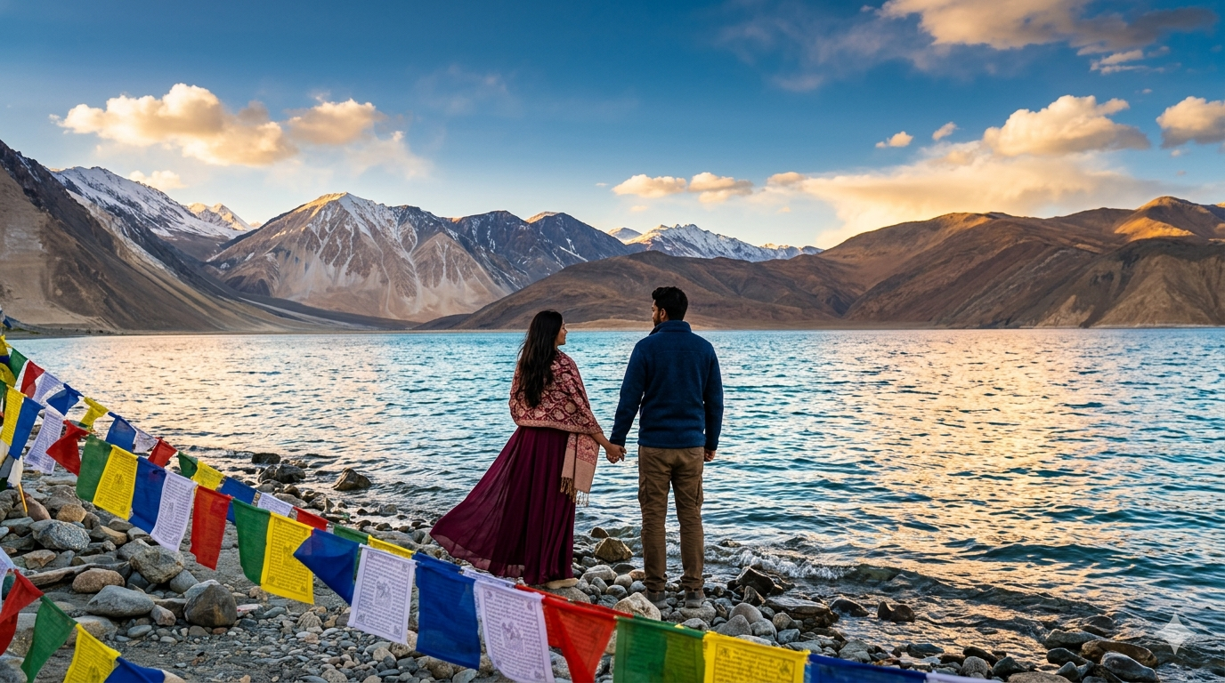 Ladakh honeymoon package for couple 2026 - romantic couple at Pangong Lake sunset with turquoise waters and snow-capped mountains