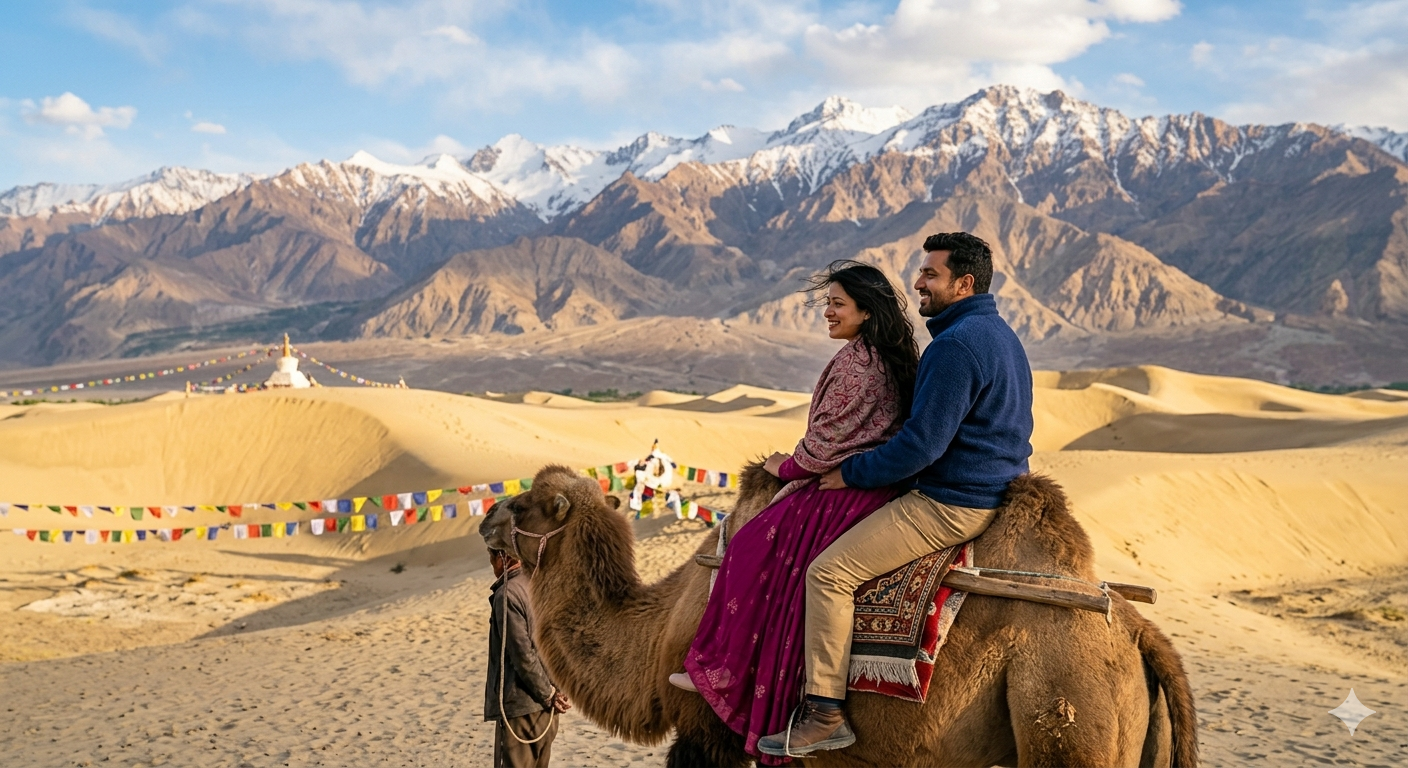 Ladakh honeymoon package for couple - camel safari at Hunder Sand Dunes Nubra Valley