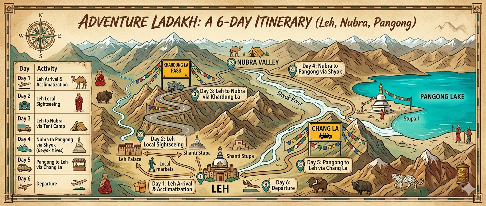 Ladakh Package with Nubra and Pangong 2026 | 6 Days | ₹22,000 13 Ladakh package with Nubra and Pangong 2026 - 6-day itinerary map