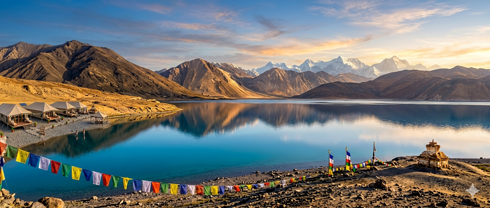 Ladakh Package with Nubra and Pangong 2026 | 6 Days | ₹22,000 9 Ladakh package with Nubra and Pangong 2026 - Pangong Lake with turquoise waters and mountains