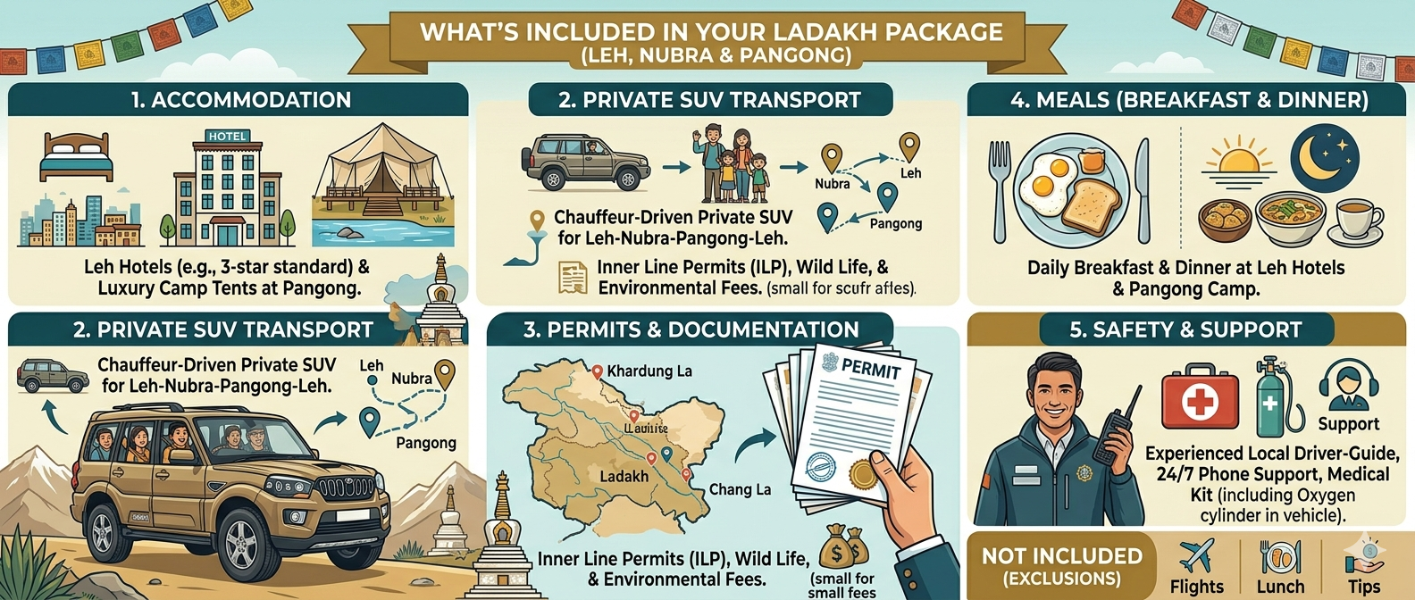 Ladakh Package with Nubra and Pangong 2026 | 6 Days | ₹22,000 10 Ladakh package with Nubra and Pangong 2026 - inclusions infographic
