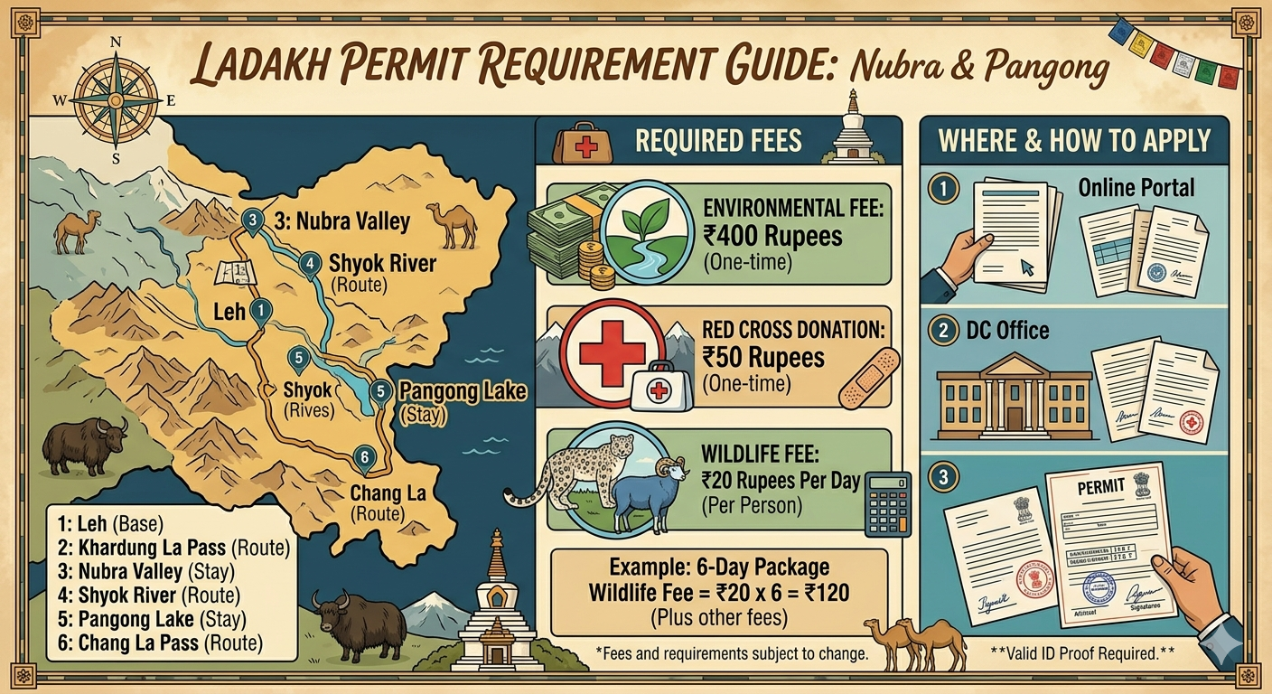 Ladakh Package with Nubra and Pangong 2026 | 6 Days | ₹22,000 14 Ladakh package with Nubra and Pangong 2026 - permit requirements infographic