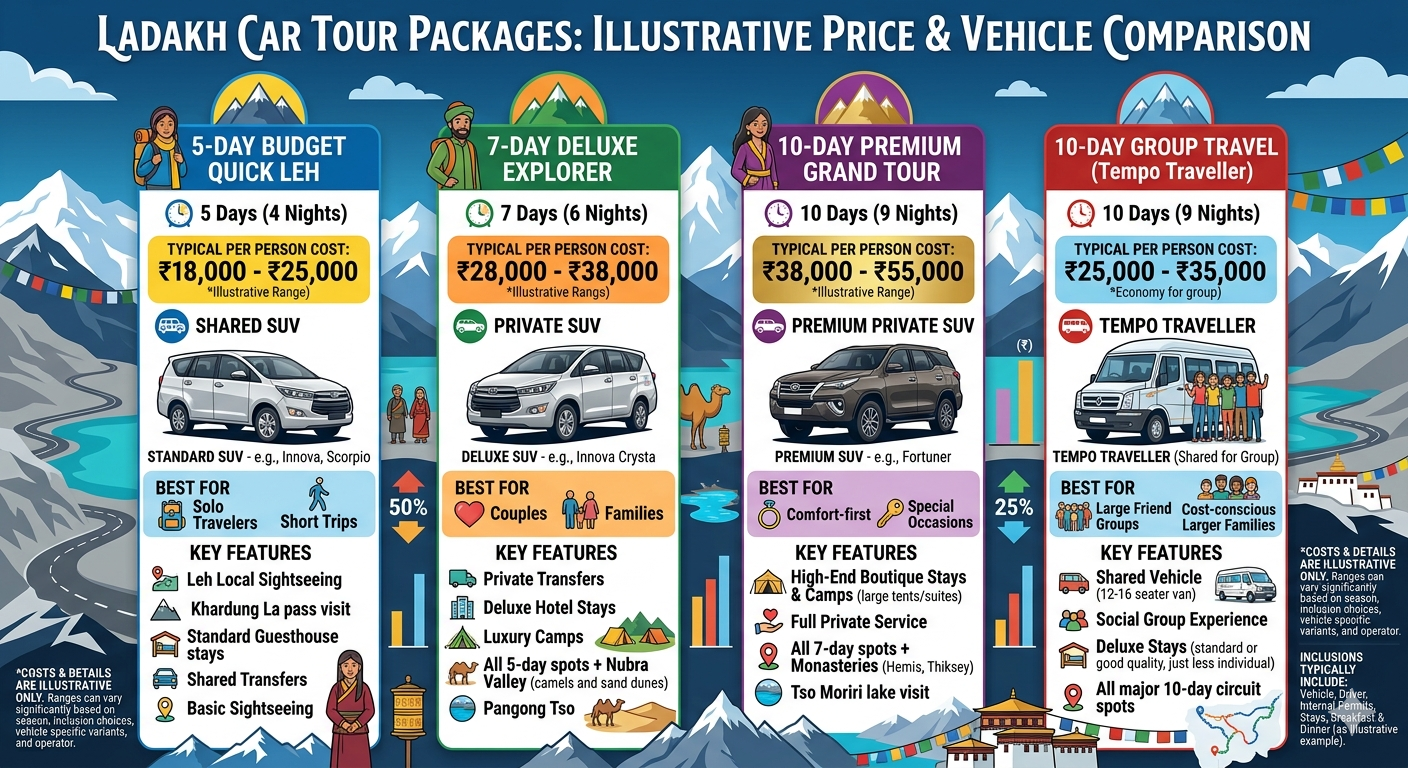  Ladakh tour package by car 2026 - price comparison chart with package options and per person costs