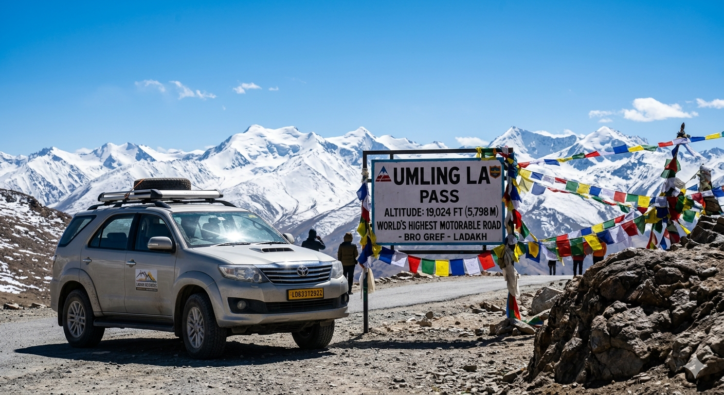 Ladakh tour package by car - 4x4 SUV at Umling La pass 19024 feet world's highest motorable road