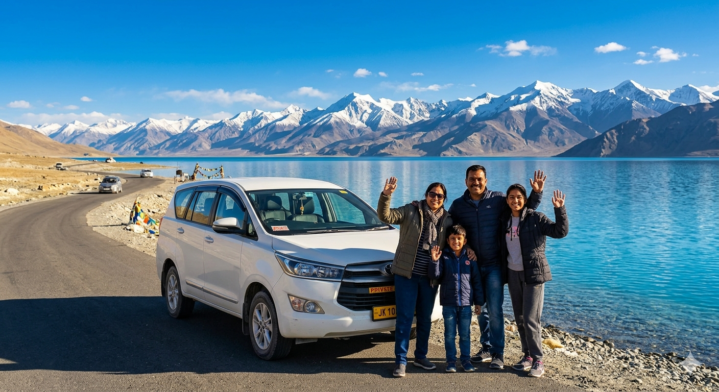 Ladakh tour package by car - family with private SUV at Pangong Lake
