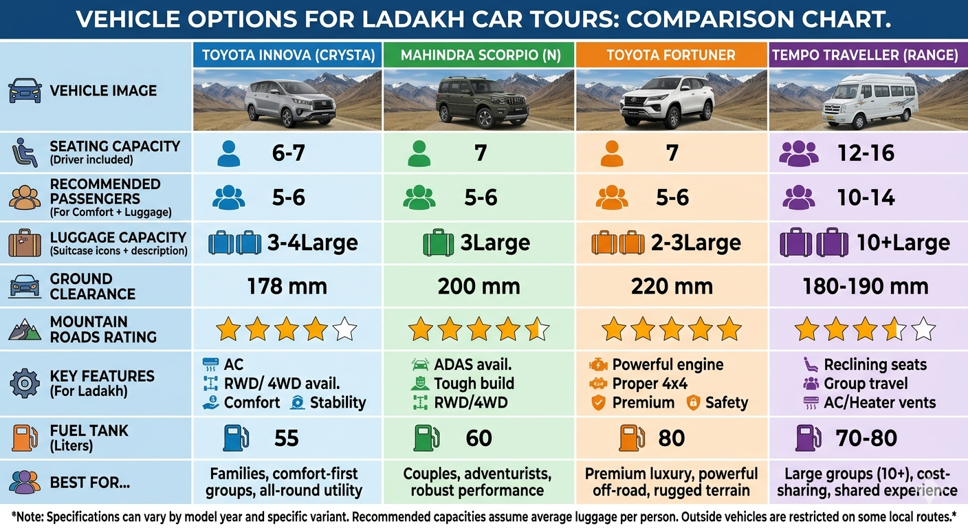 Ladakh tour package by car - vehicle options comparison chart for Innova Scorpio Fortuner and Tempo Traveller