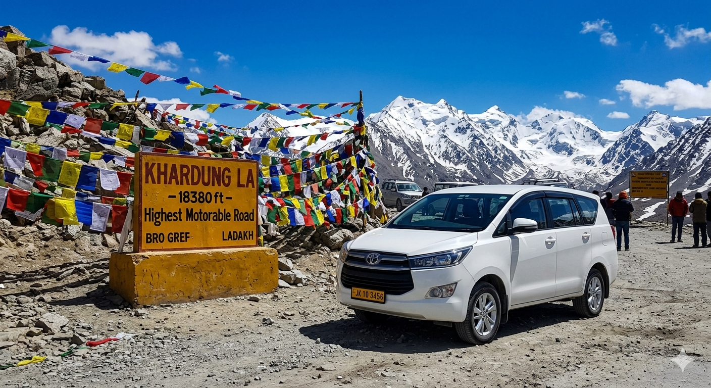 Ladakh tour package by car - white Innova SUV at Khardung La pass with prayer flags and mountains