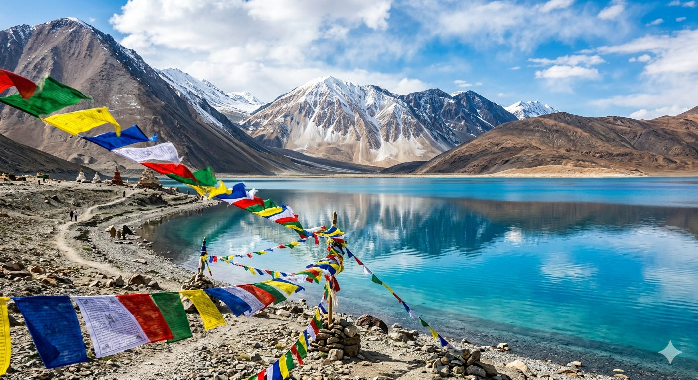 Ladakh tourism 2026 - Pangong Tso lake with snow-capped Himalayan mountains and prayer flags
