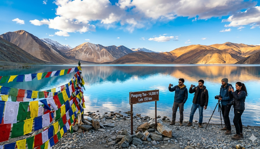 Ladakh tourism 2026 - Pangong Tso lake with snow-capped Himalayan mountains and travelers capturing the moment