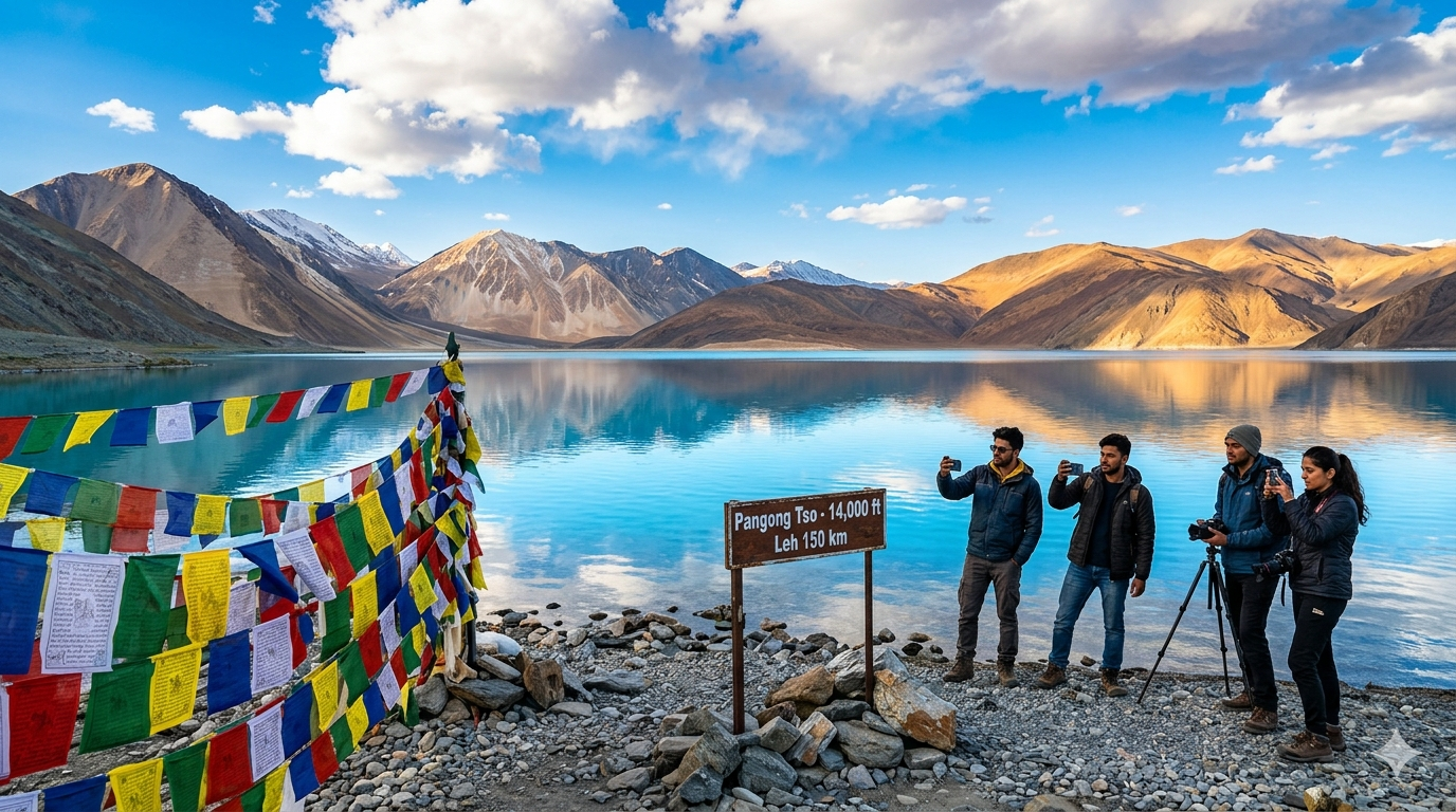 Ladakh tourism 2026 - Pangong Tso lake with snow-capped Himalayan mountains and travelers capturing the moment