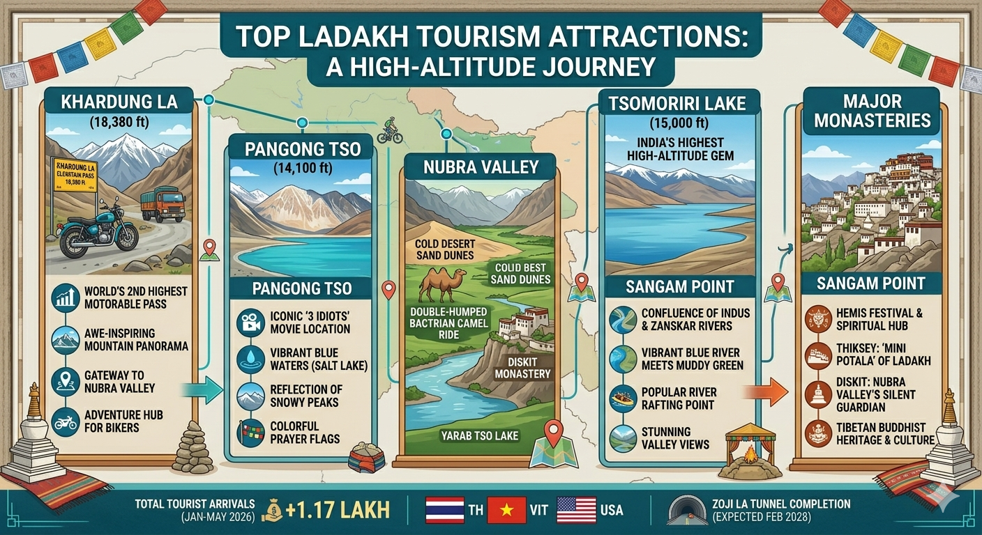 Ladakh tourism 2026 - top attractions infographic Khardung La Pangong Tso Nubra Valley Tsomoriri Sangam Monasteries