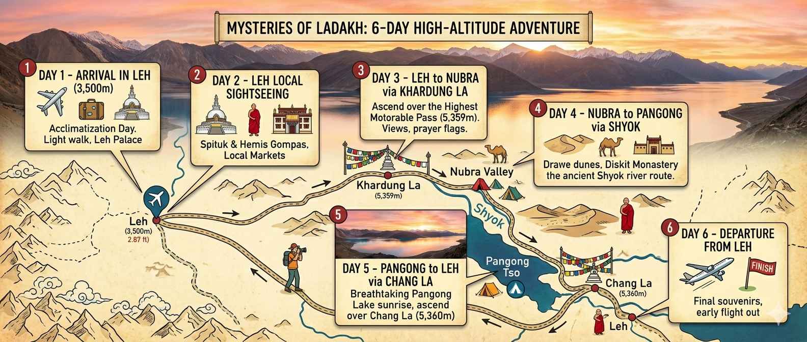 Ladakh trip 5 nights 6 days itinerary 2026 - complete route map
