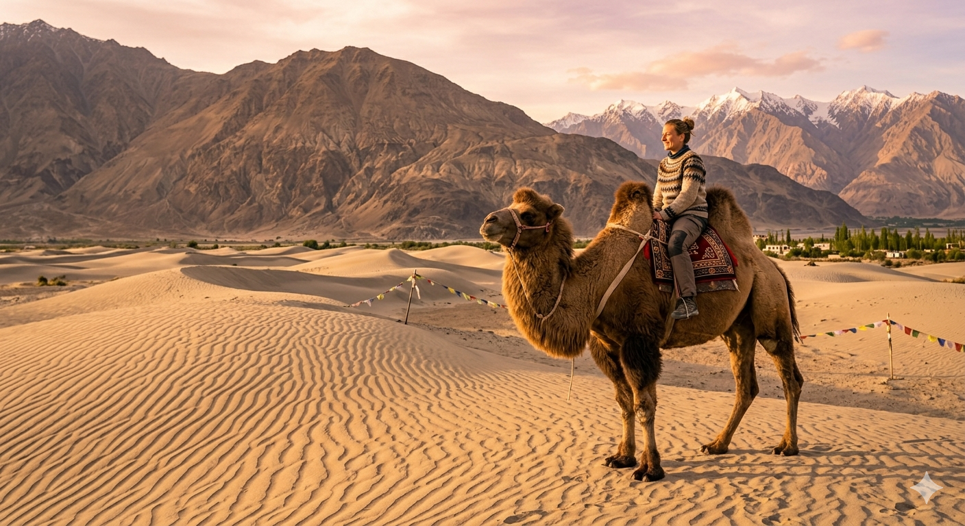 Ladakh trip 5 nights 6 days itinerary - double-humped camel safari at Hunder Sand Dunes