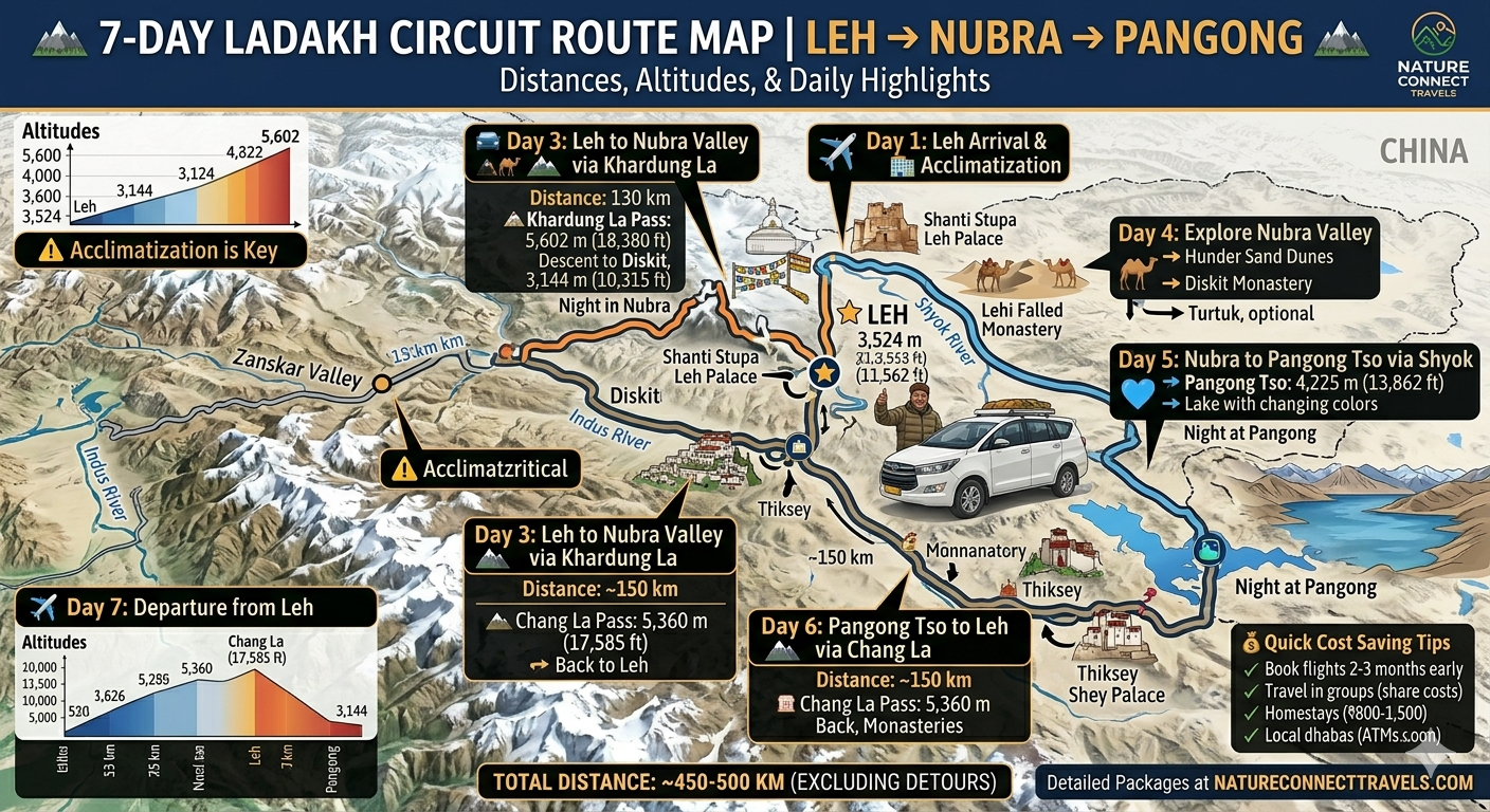 Ladakh Trip Cost 2026 | 6-10 Days Budget @ ₹20,000-₹55,000 11 Ladakh trip cost 2026 - 7-day Ladakh circuit route map with altitudes