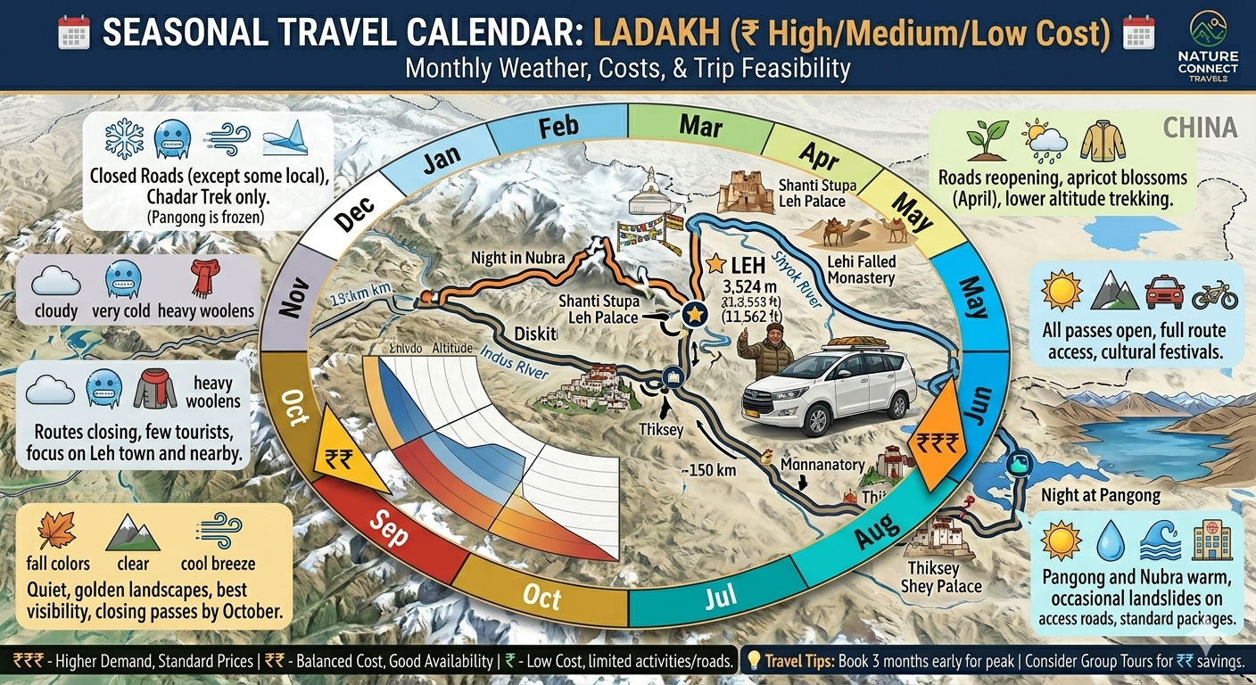 Ladakh Trip Cost 2026 | 6-10 Days Budget @ ₹20,000-₹55,000 12 Ladakh trip cost 2026 - best time to visit seasonal calendar with cost and weather indicators